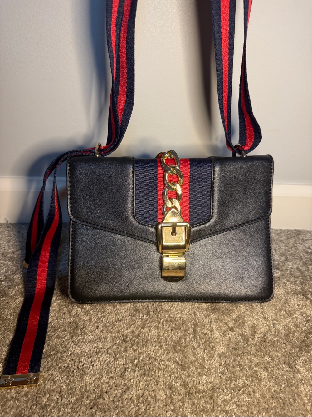 Black Crossbody Bag with Red & Navy Stripe and Gold Hardware